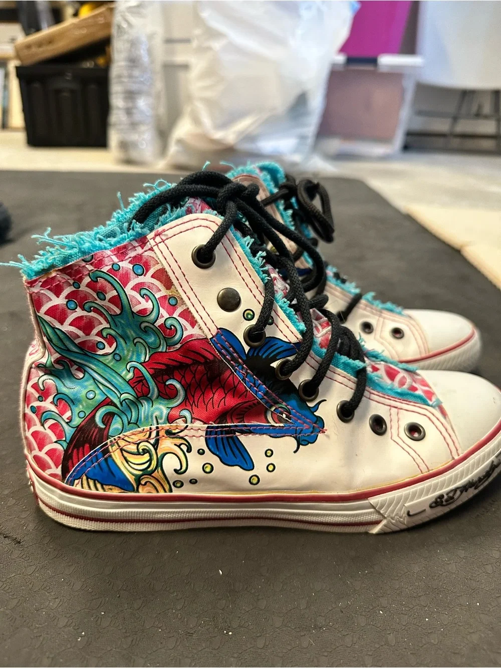 Ed Hardy High-Top Sneakers - Teal, Pink & Black Mermaid Fish Graphic with Fringe